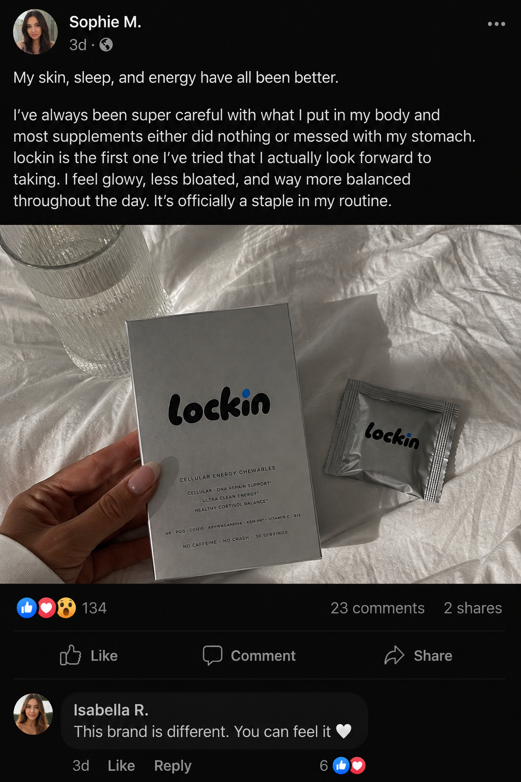 The lockin box at an angle with a foil sachet and two chewables