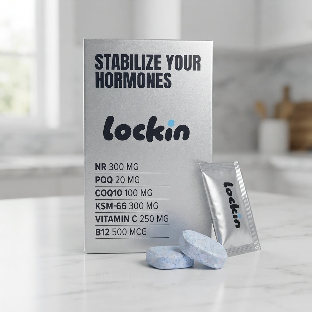 The lockin box on a marble counter with the full open-label ingredient list: NR 300 mg, PQQ 20 mg, CoQ10 100 mg, KSM-66 300 mg, vitamin C 250 mg, B12 500 mcg