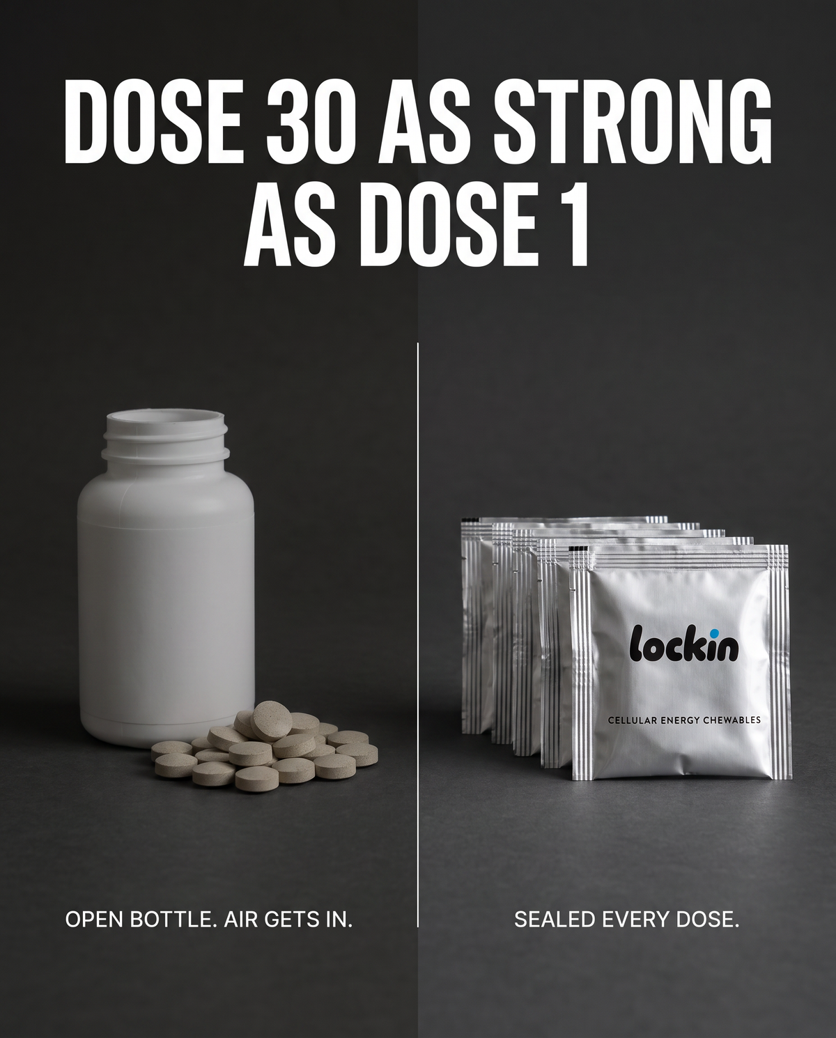 Dose 30 as strong as dose 1. Sealed foils versus an open bottle.