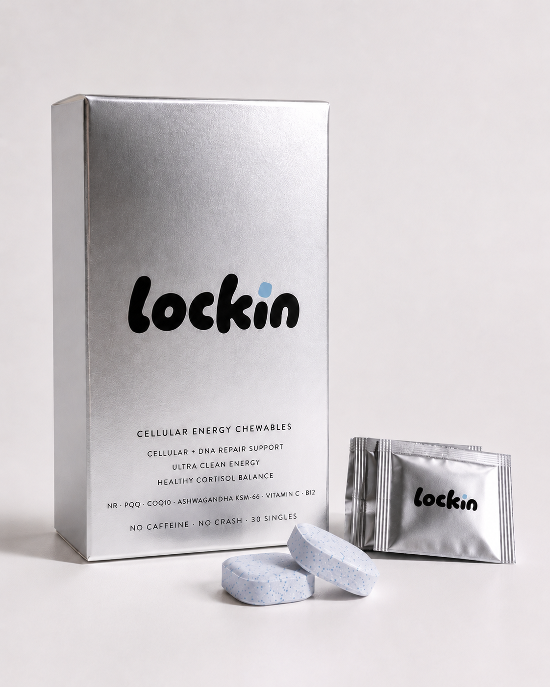 The lockin box with foil-sealed daily doses and two speckled blue chewables
