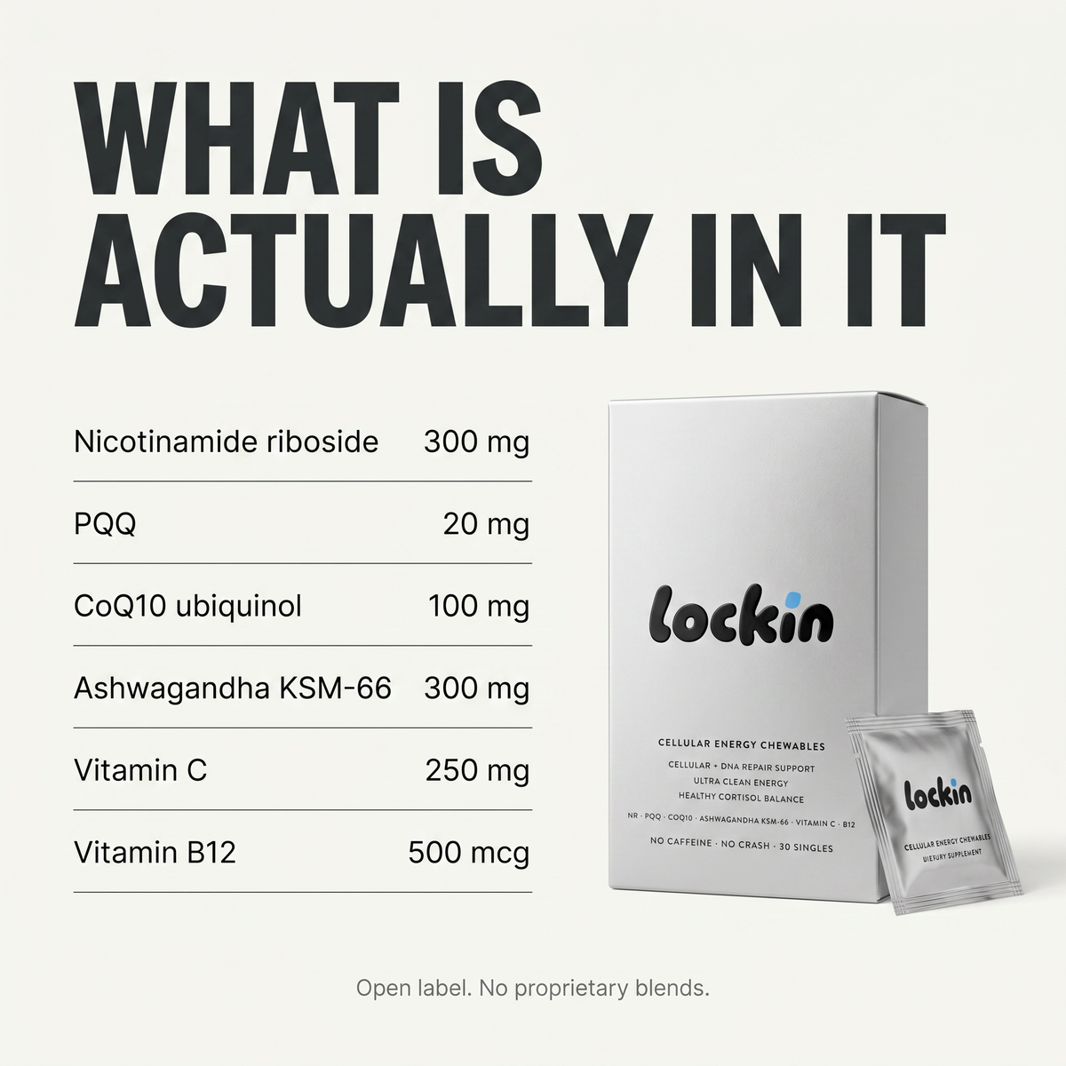 Open label. Every ingredient and dose, printed.