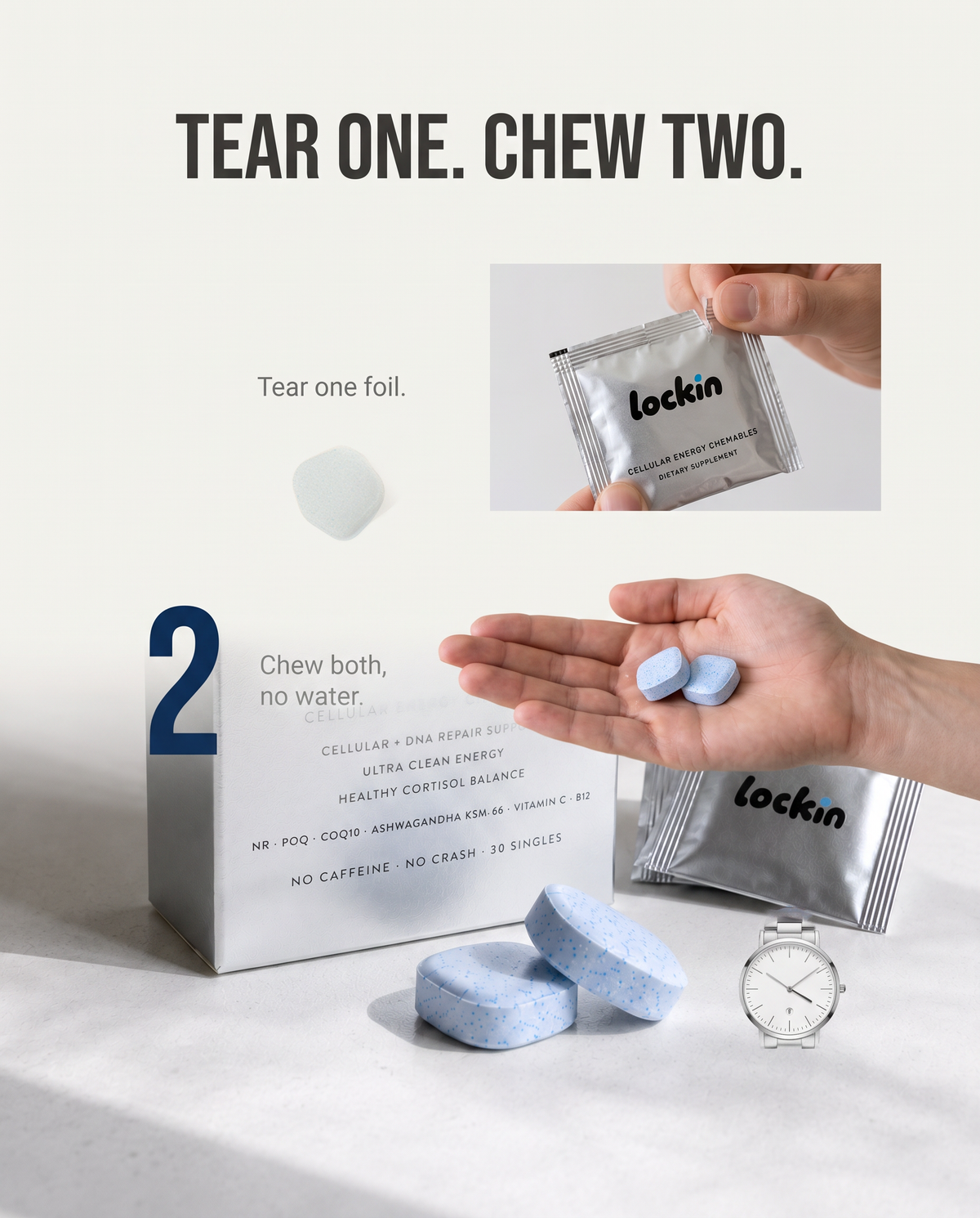 Tear one foil, chew both, no water. Fine even at 4pm.
