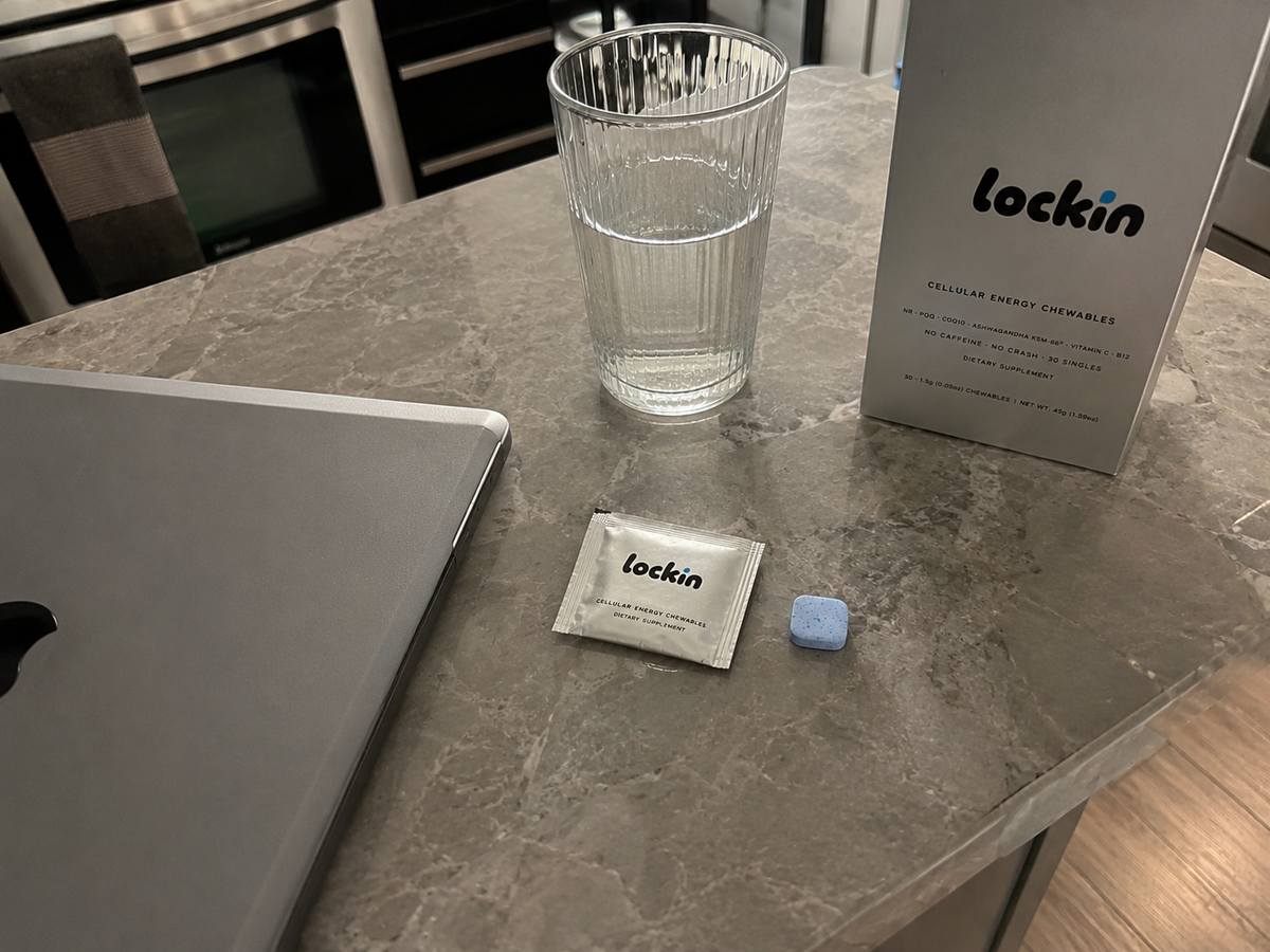 Box, foil and chewable on a kitchen counter at night